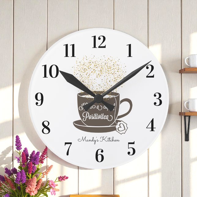 Tea Cup Brown White Inspirational Quote Round Clock (Creator Uploaded)