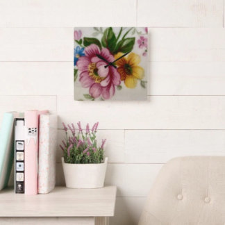 Tea Cup Floral Bouquet Square Wall Clock