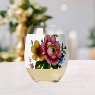 Tea Cup Floral Bouquet  Stemless Wine Glass