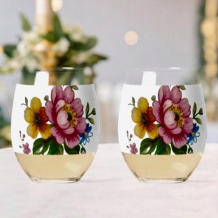 Tea Cup Floral Bouquet  Stemless Wine Glass