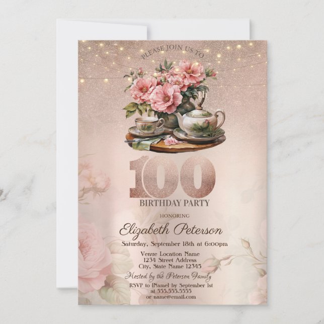 Tea Cup Flowers Glitter Rose Gold 100th  Invitation (Front)