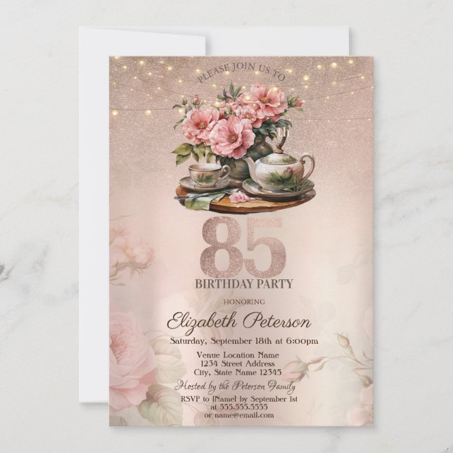  Tea Cup Flowers Glitter Rose Gold 85th Birthday   Invitation (Front)