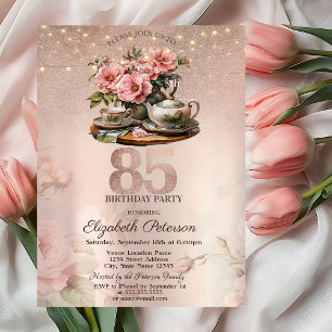  Tea Cup Flowers Glitter Rose Gold 85th Birthday   Invitation