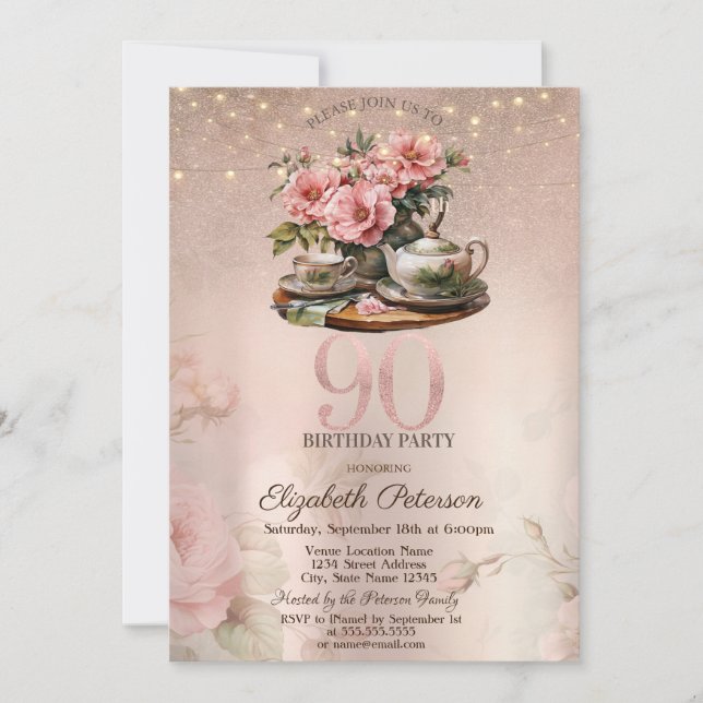  Tea Cup Flowers Glitter Rose Gold 90th Birthday   Invitation (Front)