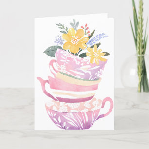 Tea cup get well card pastel lavender and flowers