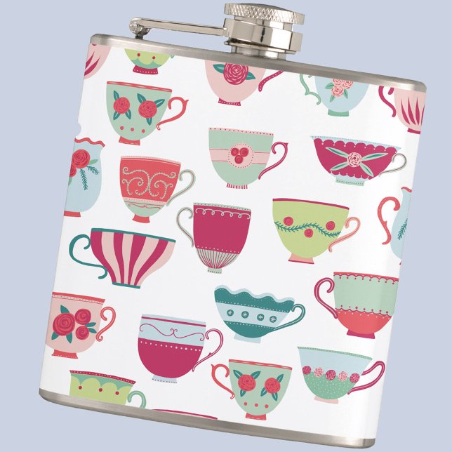 Tea Cup Pattern Modern Retro Hip Flask (Fun modern retro tea cup pattern hip flask)