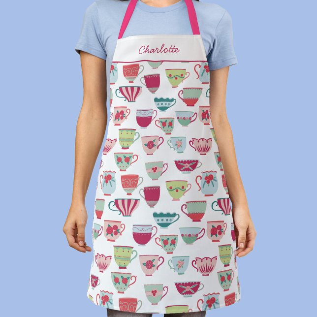 Tea Cup Pattern Personalised Apron (Personalized script name fun vintage teacup apron)
