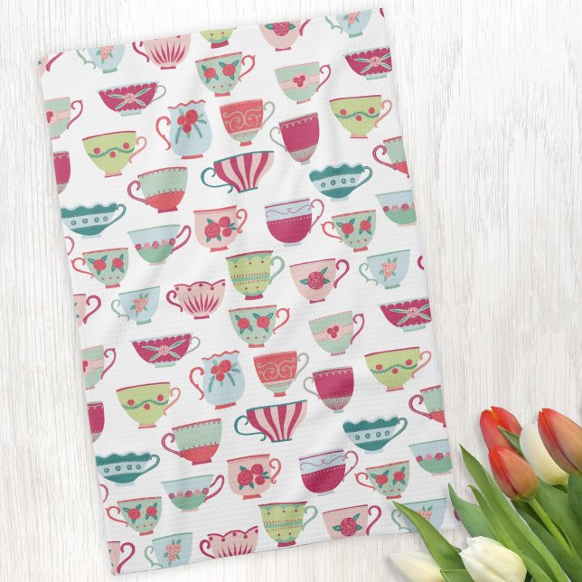 Tea Cup Pattern Towel (Vintage tea cup pattern kitchen towel)
