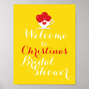 Tea Cup Red Roses Yellow Party Welcome Table Sign