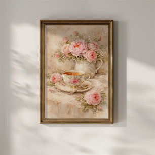Tea Cup with Roses Poster