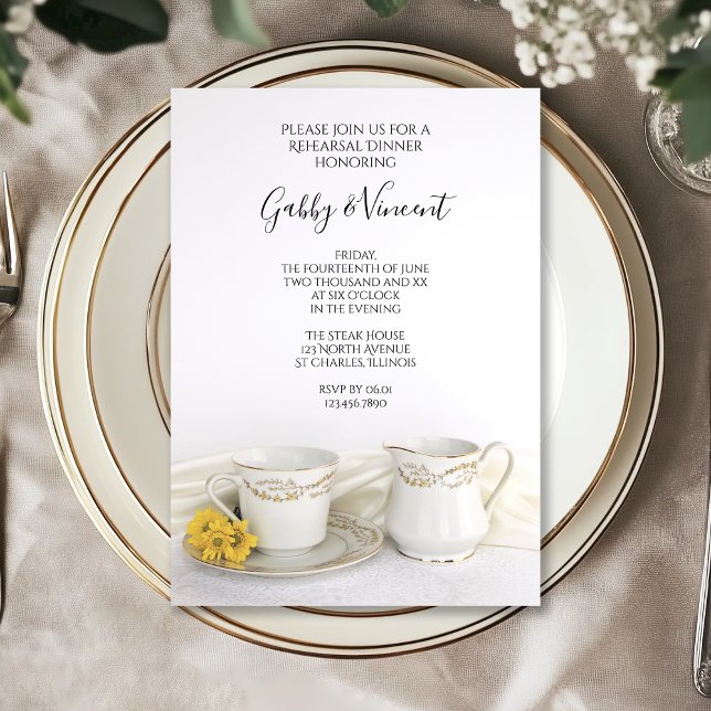 Tea Cup Yellow Daisies Wedding Rehearsal Dinner Invitation (Creator Uploaded)