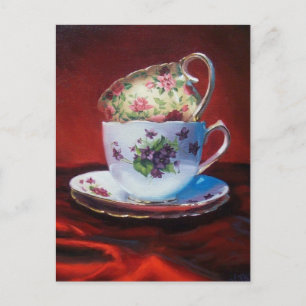 Tea Cups and Red Satin Postcard