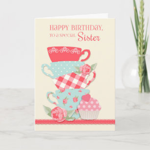 Tea Cups and Roses, Happy Birthday Sister Card