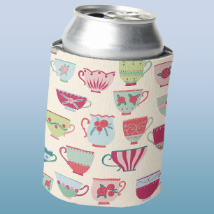 Tea Cups Modern Vintage Can Cooler