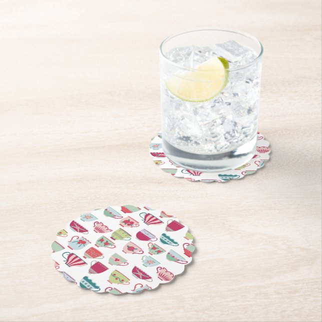 Tea Cups Modern Vintage Paper Coaster (Insitu)