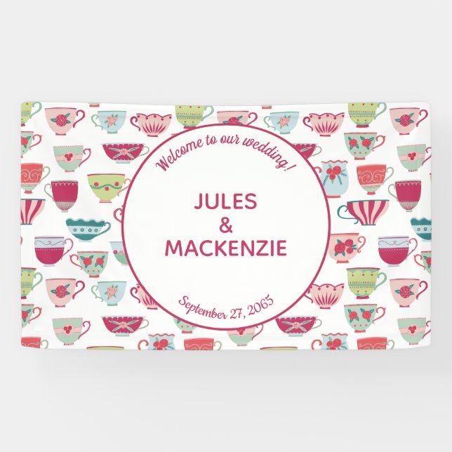 Tea Cups Modern Vintage Wedding Banner (Horizontal)