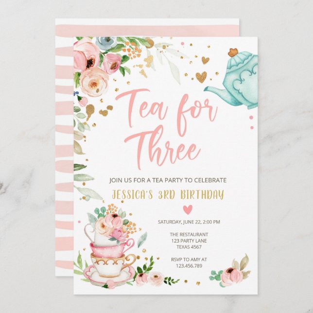 Tea for Three Birthday Invitation Floral Tea Party (Front/Back)