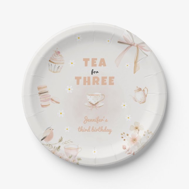 Tea for Three Birthday Invitation for Girls Paper Plate (Front)