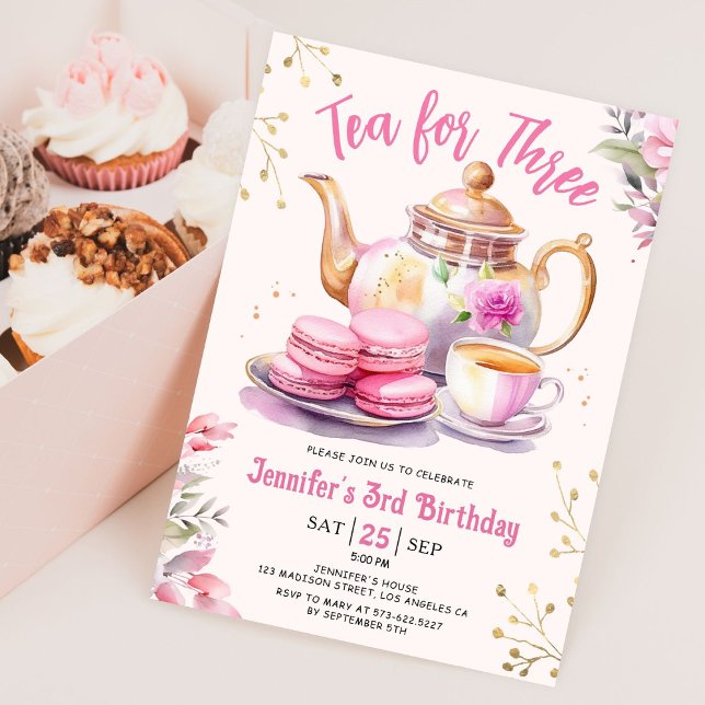 Tea For Three! Girl Pink Floral 3rd Birthday Party Invitation (Creator Uploaded)