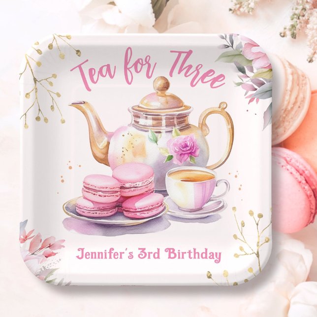 Tea For Three! Girl Pink Floral 3rd Birthday Party Paper Plate (Creator Uploaded)