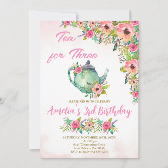 Tea for Three Invitation, Pink Floral 3rd Birthday Invitation (Front)