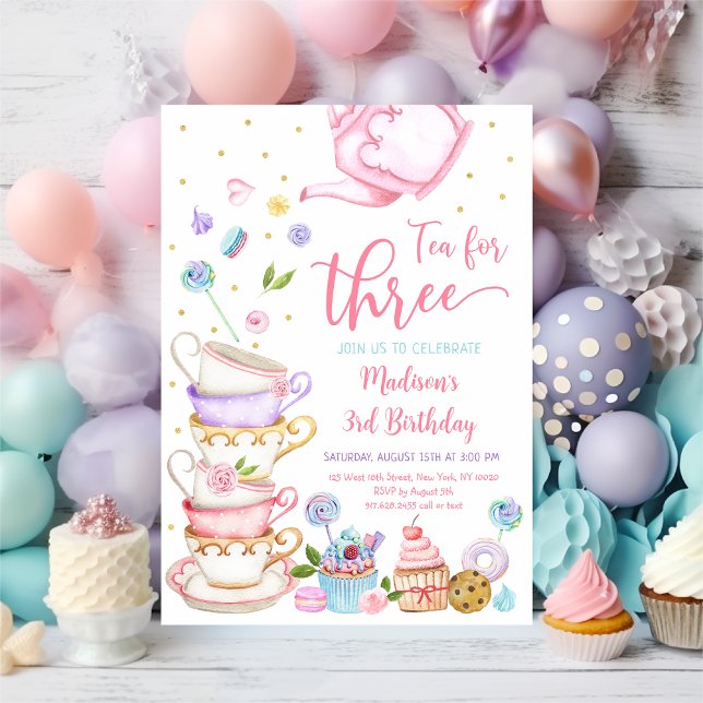 Tea for Three Pink Tea Party Birthday Invitation (Creator Uploaded)
