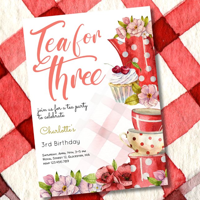 Tea for three, tea flowery third birthday invitation (Creator Uploaded)