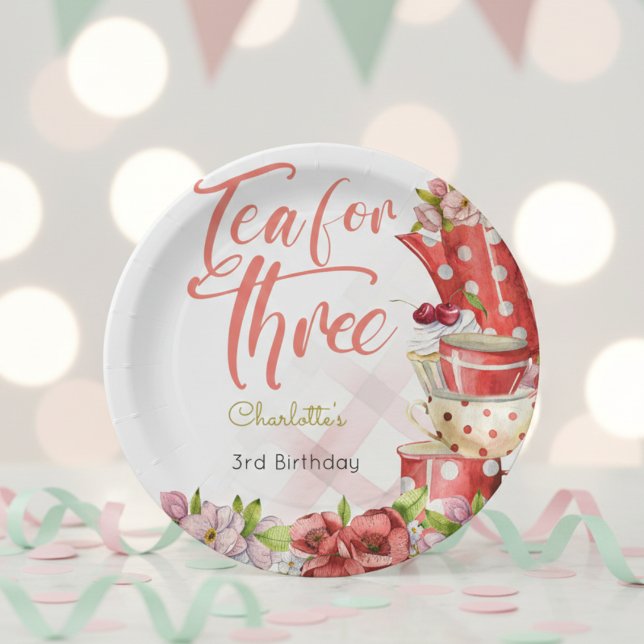 Tea for three, tea flowery third birthday paper plate (Creator Uploaded)