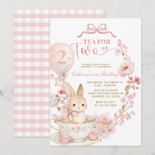 Tea for Two 2nd Birthday Bunny Spring Pink Invitation