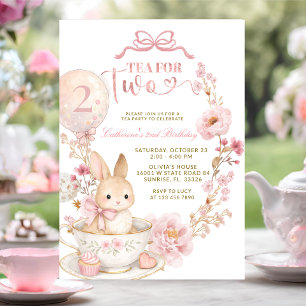 Tea for Two 2nd Birthday Bunny Spring Pink Invitation