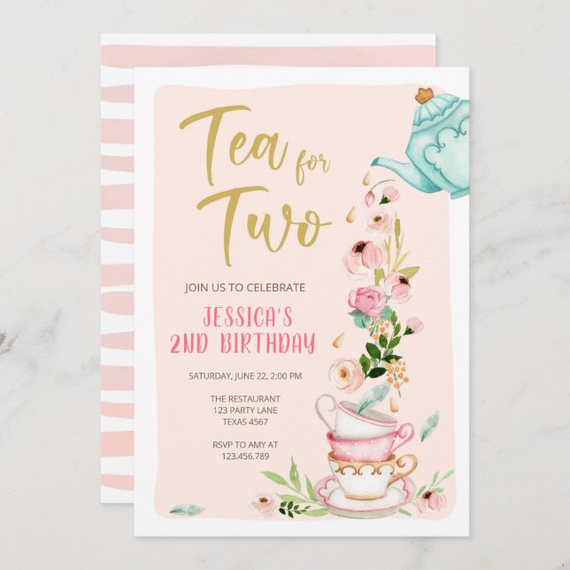 Tea for Two Birthday Invitation Floral Tea Party (Front/Back)