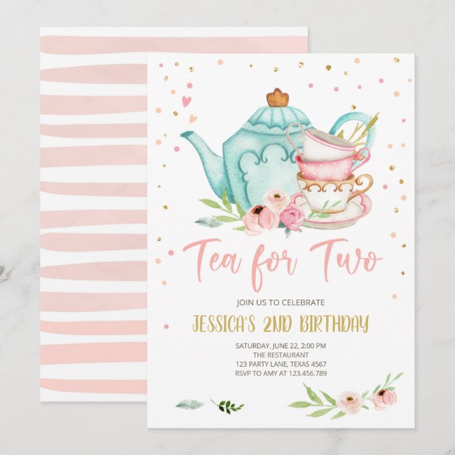 Tea for Two Birthday Invite Floral Tea Party Girl (Front/Back)