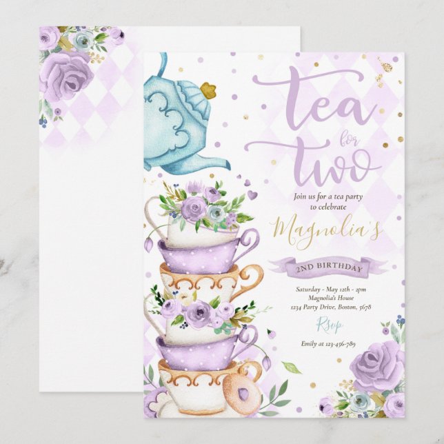 Tea For Two Birthday Party Purple Floral Tea Party Invitation (Front/Back)