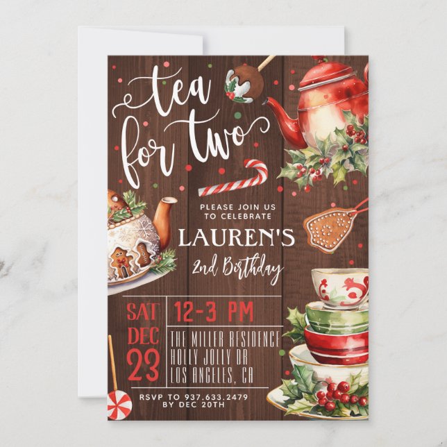 Tea for Two Christmas 2nd Birthday Invitation (Front)