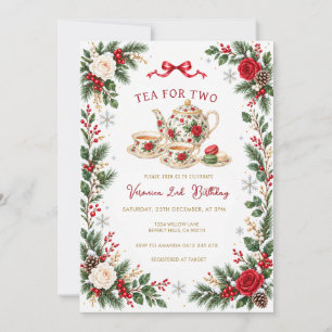 Tea for Two Christmas Red 2nd Birthday Invitation
