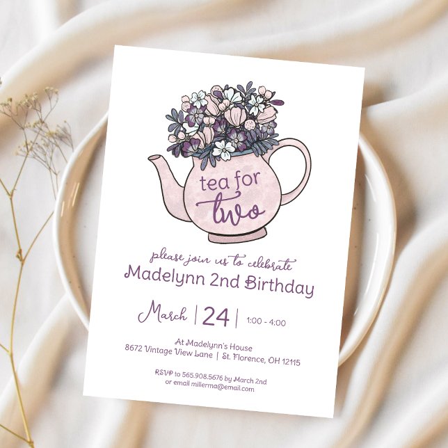 Tea for Two Floral 2nd Birthday Party Invitation (Creator Uploaded)