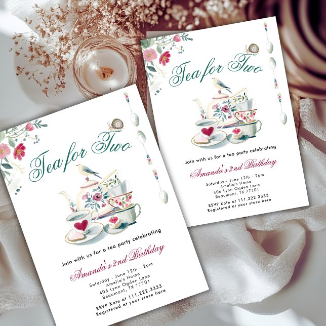 Tea For Two Floral Animals 2nd Birthday Party  Invitation (Creator Uploaded)