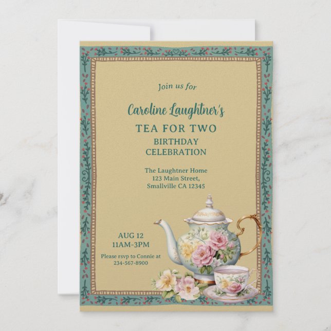 Tea For Two Flower Garden Birthday Invitation (Front)