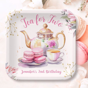 Tea for Two! Girl Pink Floral 2nd Birthday Party Paper Plate