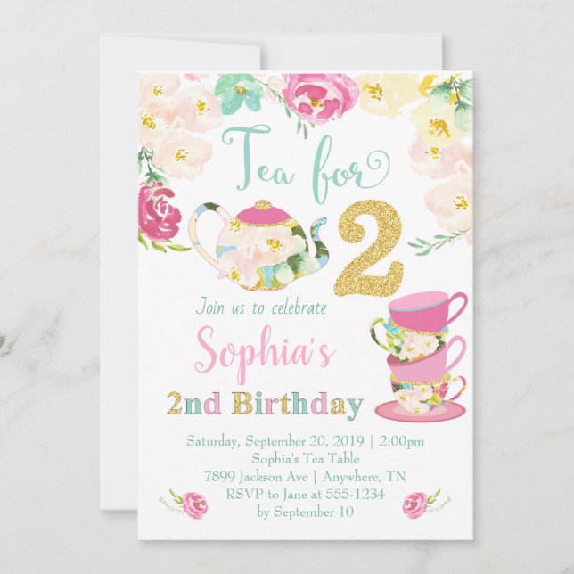 Tea for Two Girls 2nd Birthday Invitation (Front)