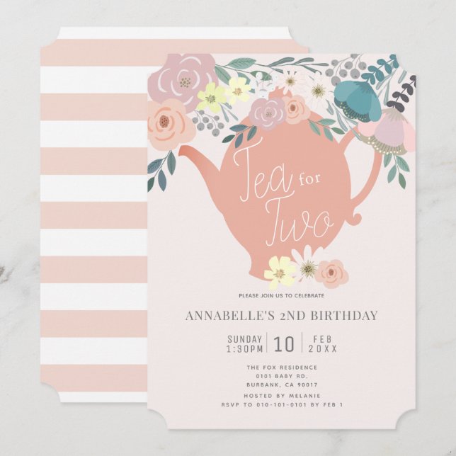 Tea for Two Pink Floral Tea Party 2nd Birthday Invitation (Front/Back)