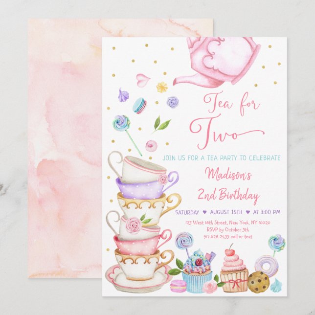 Tea For Two Pink Floral Tea Party Birthday Invitation (Front/Back)