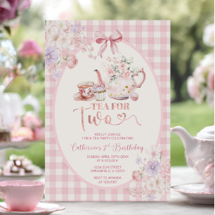 Tea For Two Pink Floral Tea Pot Party 2nd Birthday Invitation