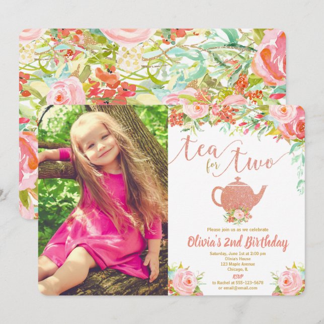 Tea for two rose gold 2nd birthday floral photo invitation (Front/Back)