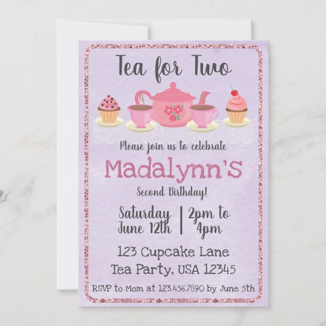 Tea for Two Second Birthday Purple Invitation (Front)