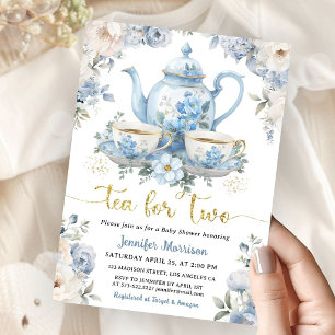 Tea for Two Tea Baby Shower Boy Gold Blue Floral Invitation