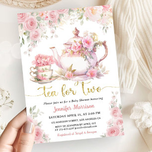 Tea for Two Tea Baby Shower Gold Blush Pink Floral Invitation