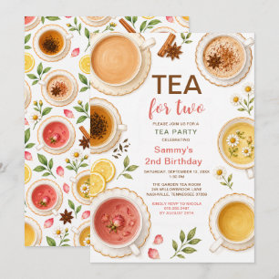 Tea for Two Watercolor 2nd Birthday Tea Party Invitation