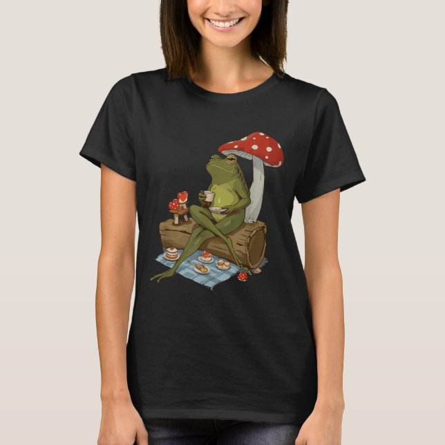 Tea Frog Mushroom Cnic Cute Nature Aesthetic Cotta T-Shirt (Front)