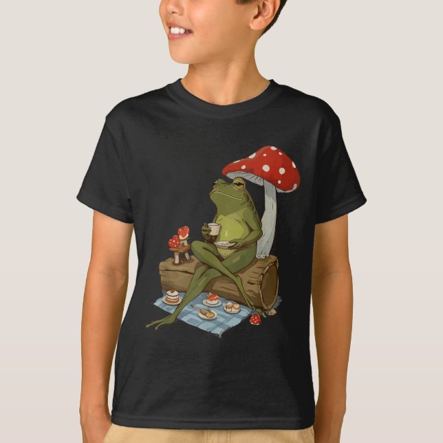 Tea Frog Mushroom Cnic Cute Nature Aesthetic Cotta T-Shirt (Front)